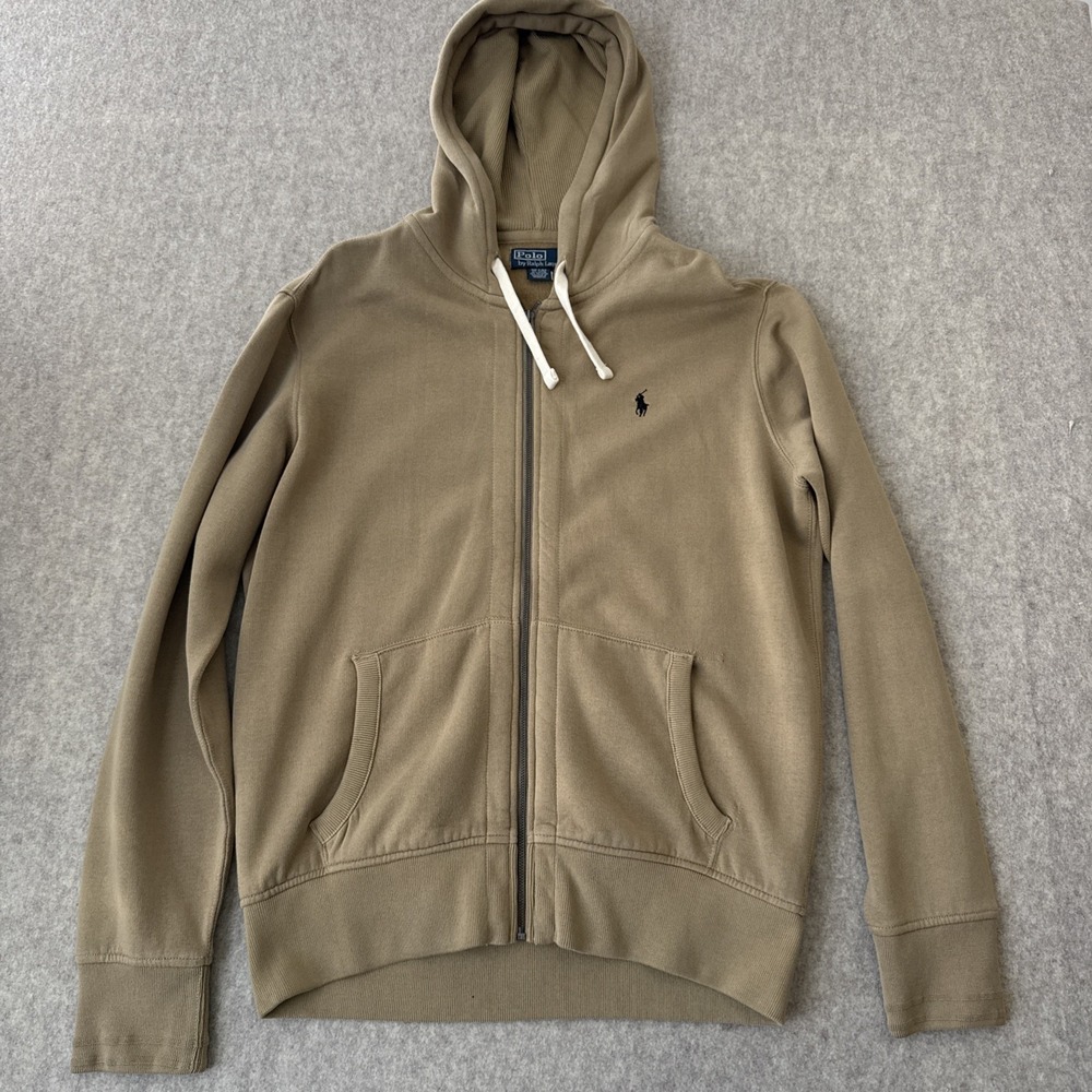 Polo Ralph Lauren Full Zip Hoodie Mens Large Tan Pony Fleece Thermal Lined Hood